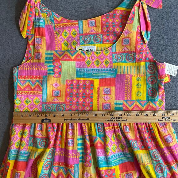 Vtg 80s 90s Two Potato Retro Artsy Midi Tiered Tie Shoulder Dress M Resort Wear - Picture 11 of 16